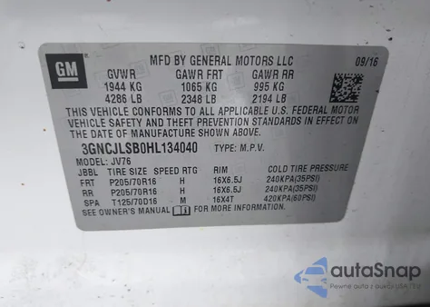 2017 Chevrolet Trax Lt из США, поврежденный, VIN 3GNCJLSB0HL134040